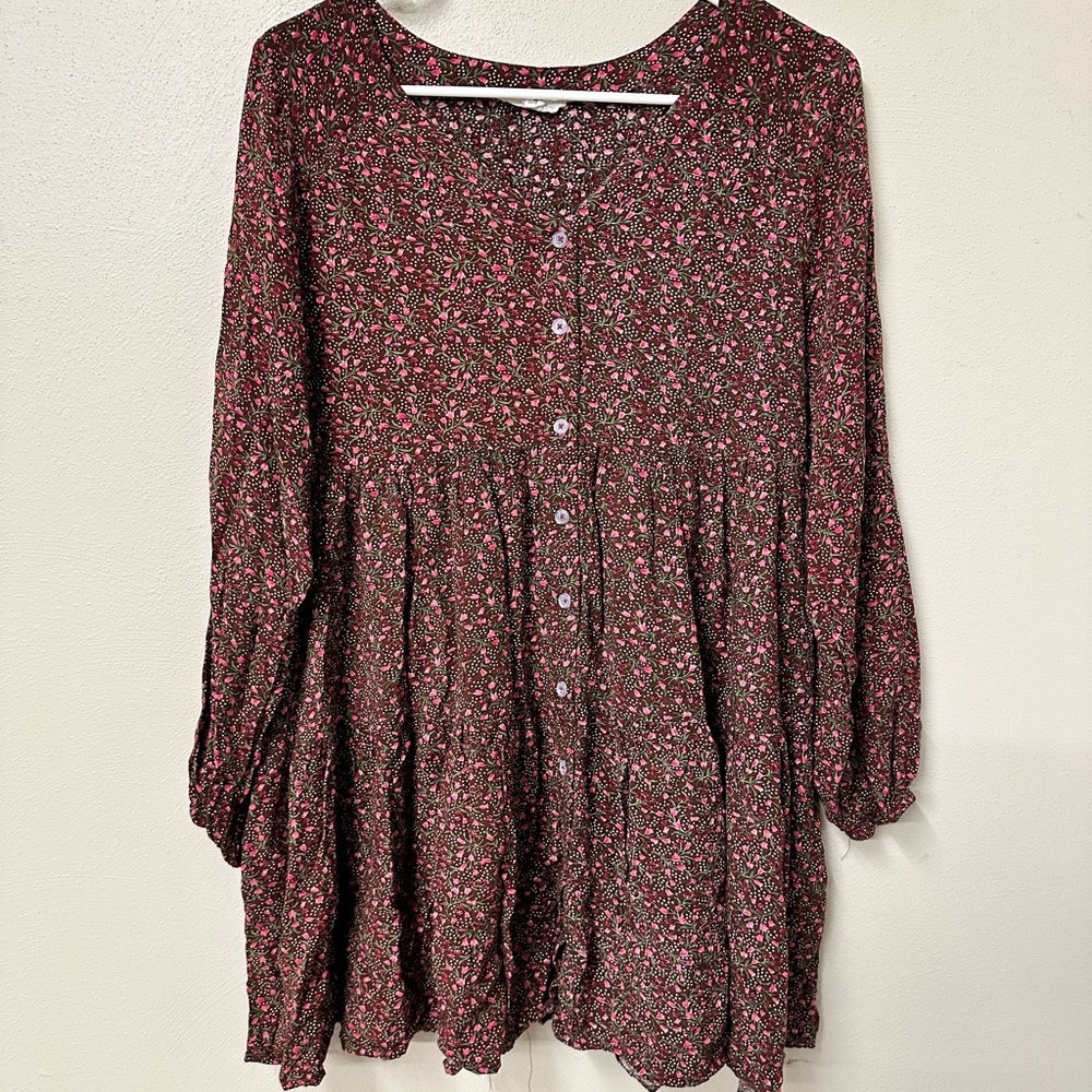 Easel Long Sleeve Floral Dress - Red and White
